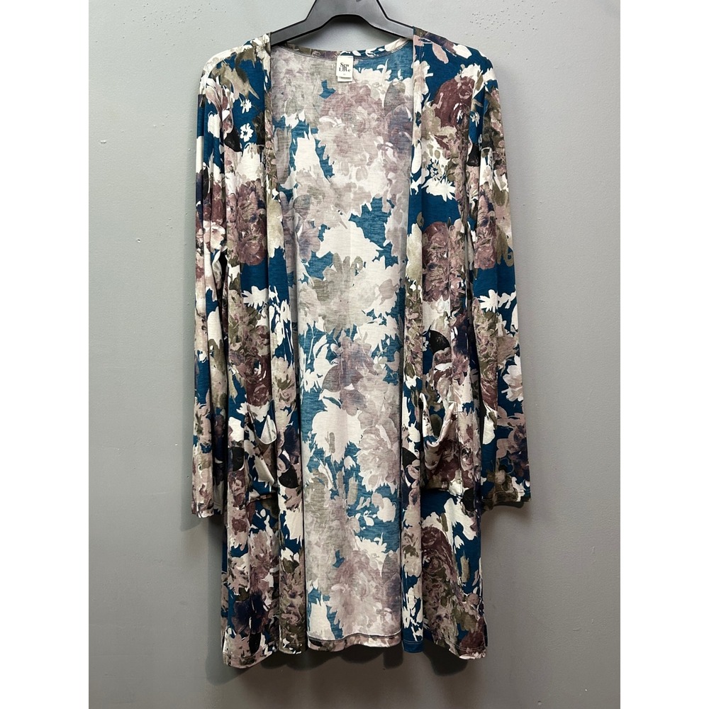 Sew In Love Cardigan Womens 3X Blue Floral open Front Pockets Boho garden